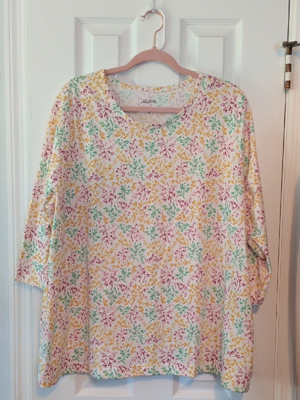 Blair White Floral Print Short Sleeve Top with Yellow, Mint & Pink Sz 2X
